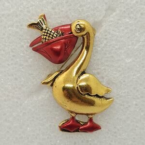 Pelican Brooch Red Enamel on Gold Tone Metal Fish in Mouth Bird Pendant